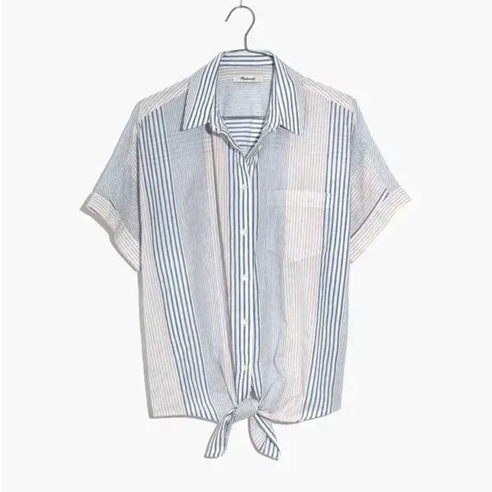 MADEWELL Short-Sleeve Tie-Front Striped Shirt size Large Blue and White